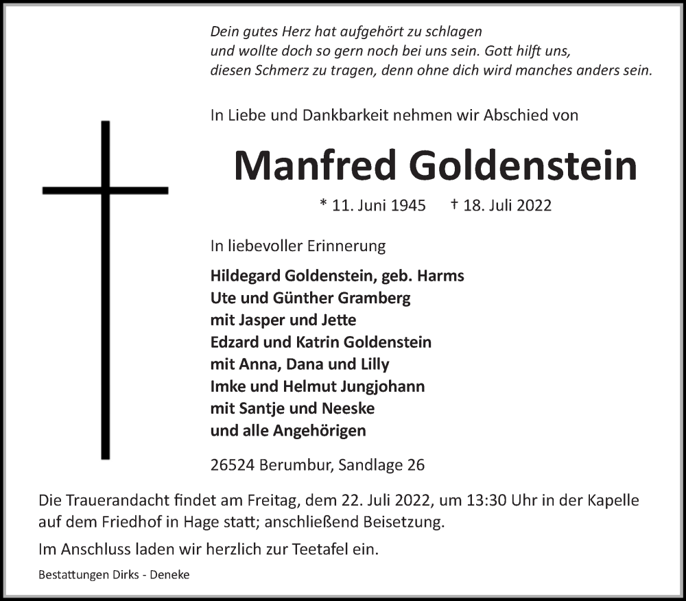  Traueranzeige für Manfred Goldenstein vom 20.07.2022 aus 