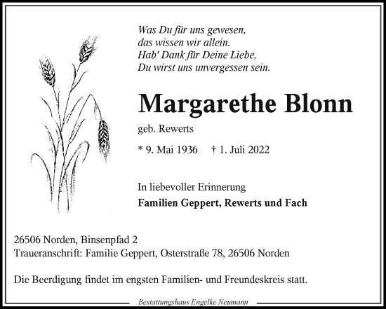 Traueranzeige von Margarethe Blonn 