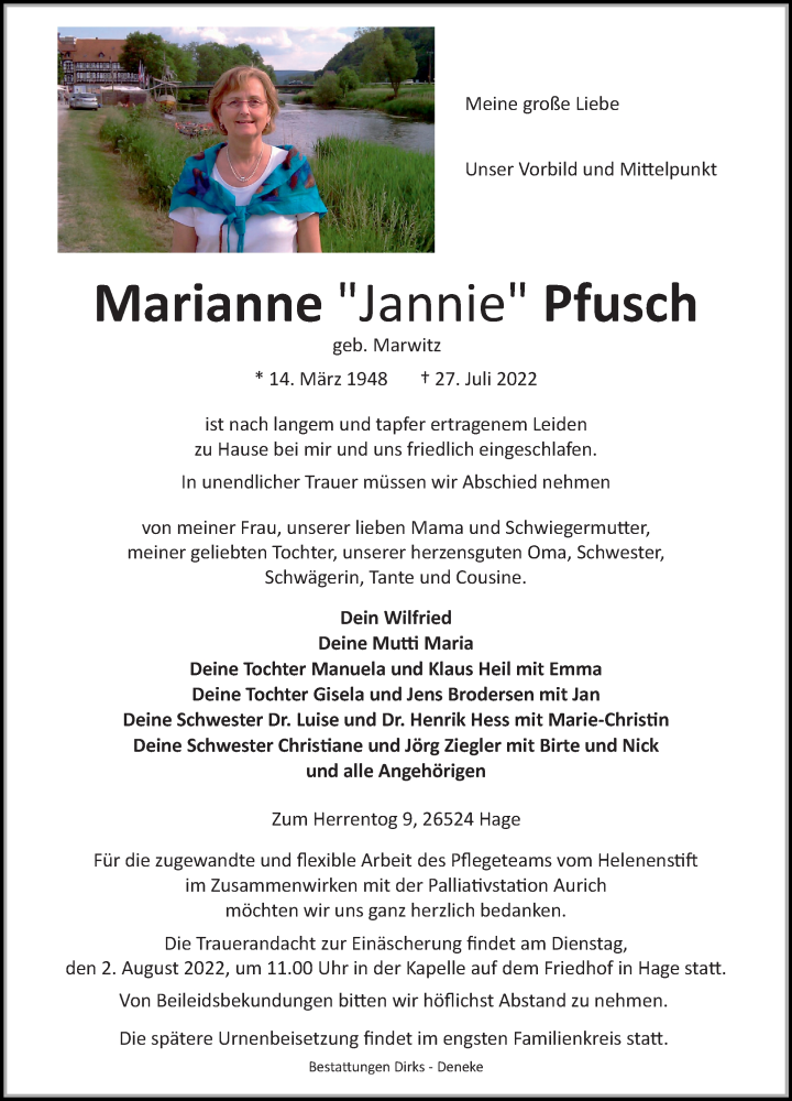  Traueranzeige für Marianne  Pfusch vom 30.07.2022 aus 