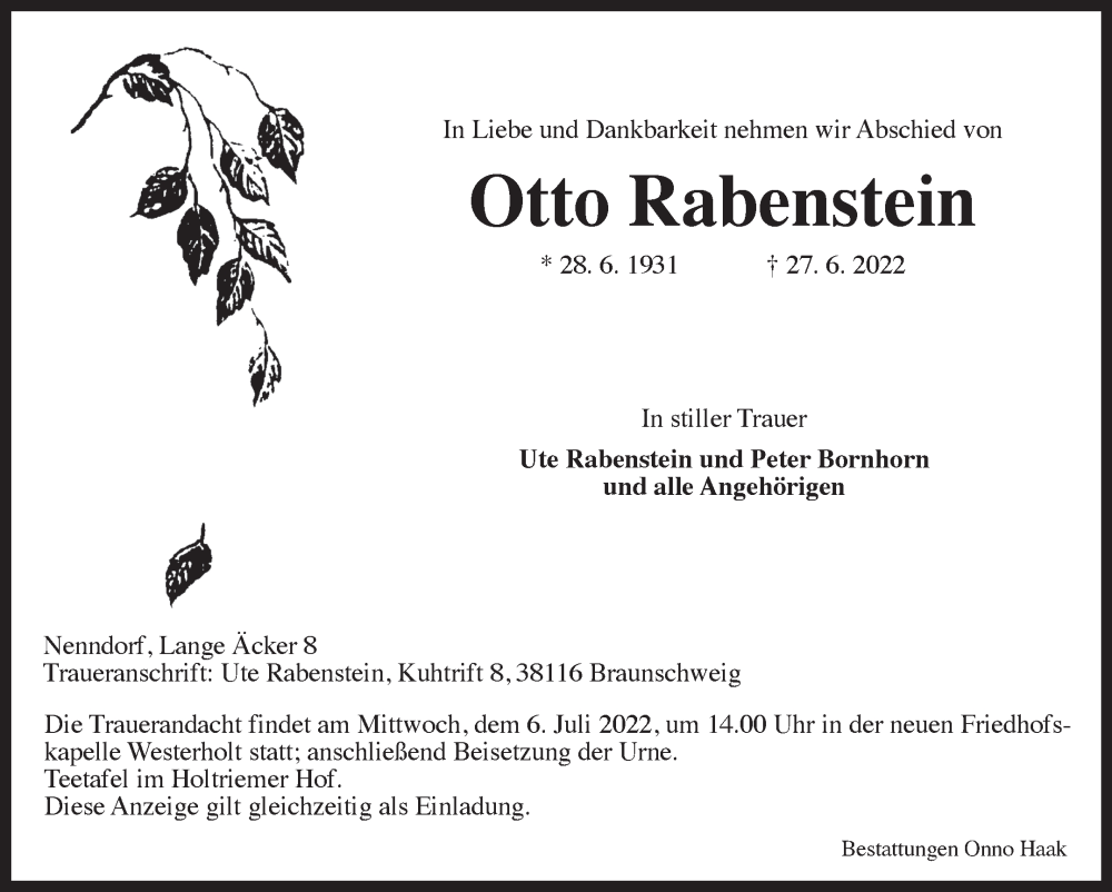  Traueranzeige für Otto Rabenstein vom 02.07.2022 aus 