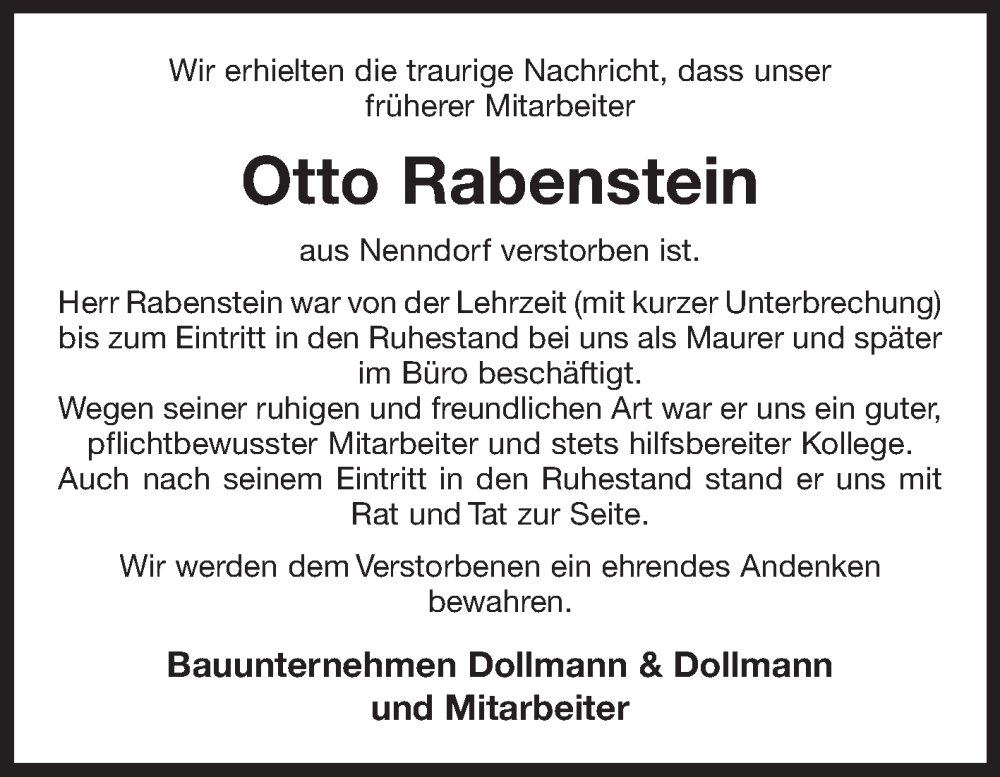  Traueranzeige für Otto Rabenstein vom 05.07.2022 aus 