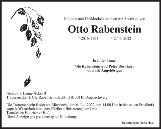 Traueranzeige von Otto Rabenstein 
