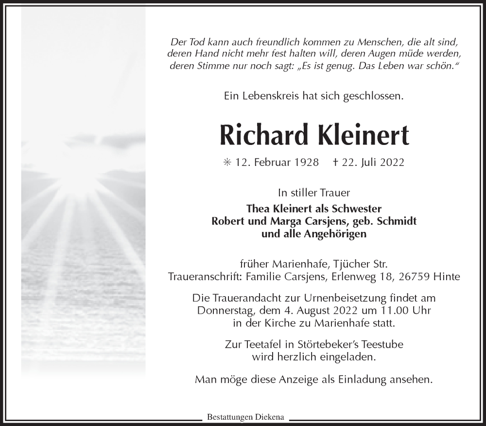  Traueranzeige für Richard Kleinert vom 26.07.2022 aus 