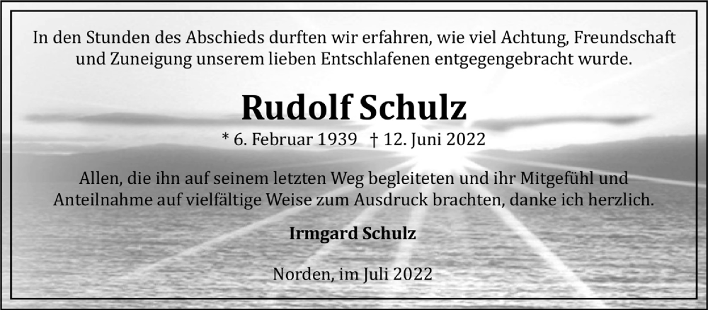  Traueranzeige für Rudolf  Schulz vom 30.07.2022 aus 