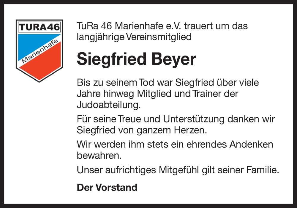  Traueranzeige für Siegfried Beyer vom 30.07.2022 aus 