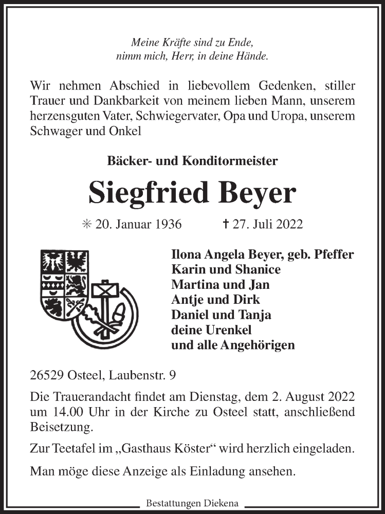  Traueranzeige für Siegfried Beyer vom 28.07.2022 aus 