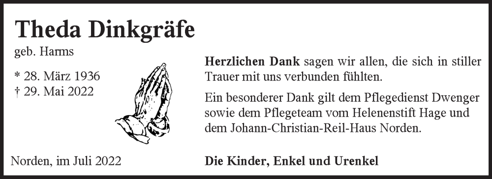  Traueranzeige für Theda Dinkgräfe vom 16.07.2022 aus 