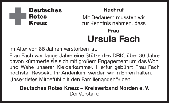 Traueranzeige von Ursula Fach 