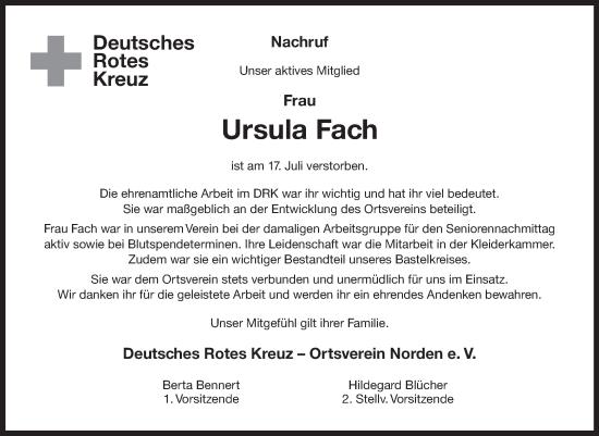 Traueranzeige von Ursula Fach 