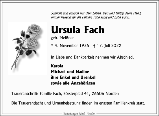 Traueranzeige von Ursula Fach 