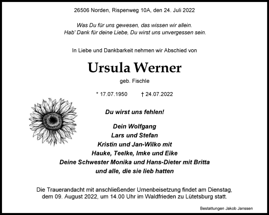 Traueranzeige von Ursula Werner 