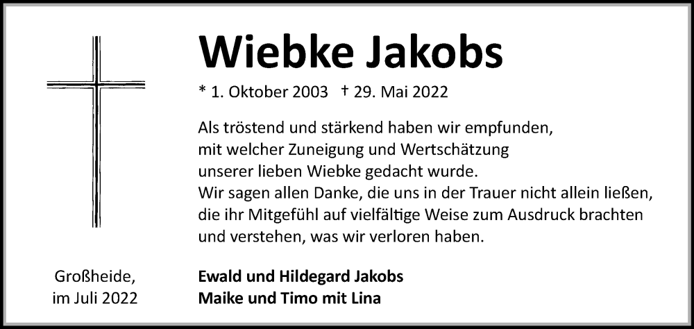  Traueranzeige für Wiebke Jakobs vom 02.07.2022 aus 