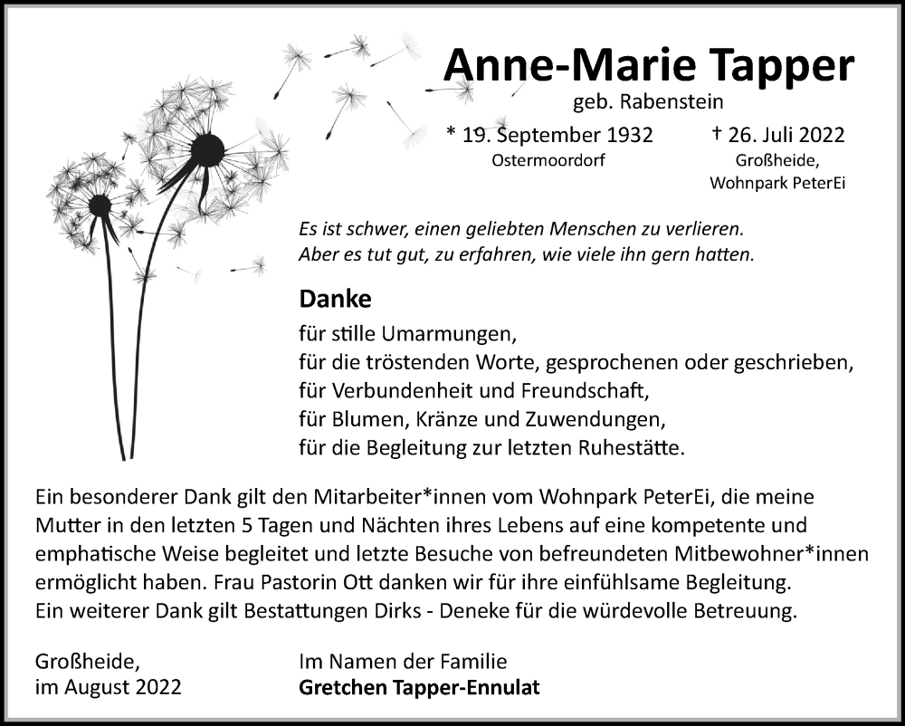  Traueranzeige für Anne-Marie Tapper vom 27.08.2022 aus 