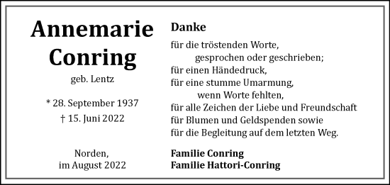 Traueranzeige von Annemarie Conring 