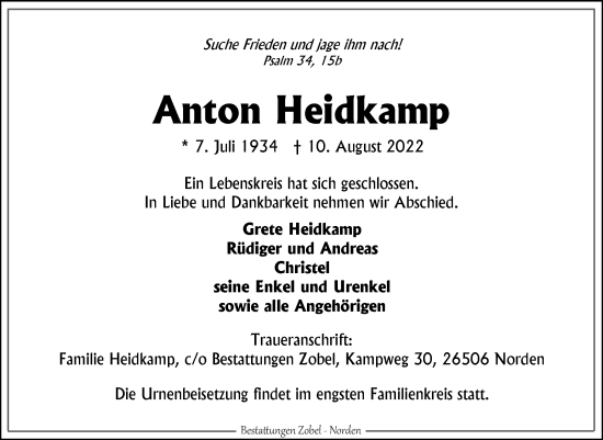 Traueranzeige von Anton Heidkamp 