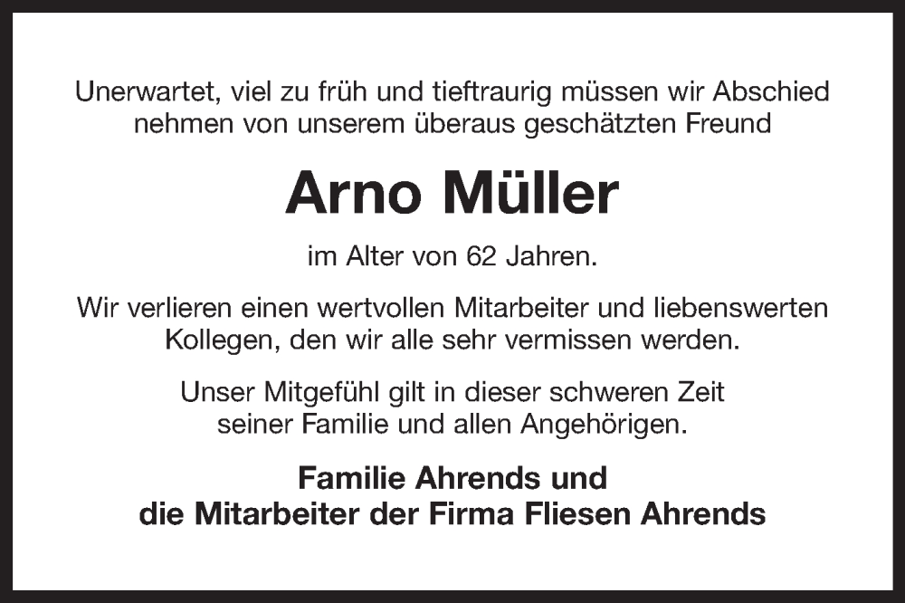  Traueranzeige für Arno Müller vom 02.08.2022 aus 