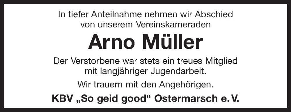  Traueranzeige für Arno Müller vom 02.08.2022 aus 