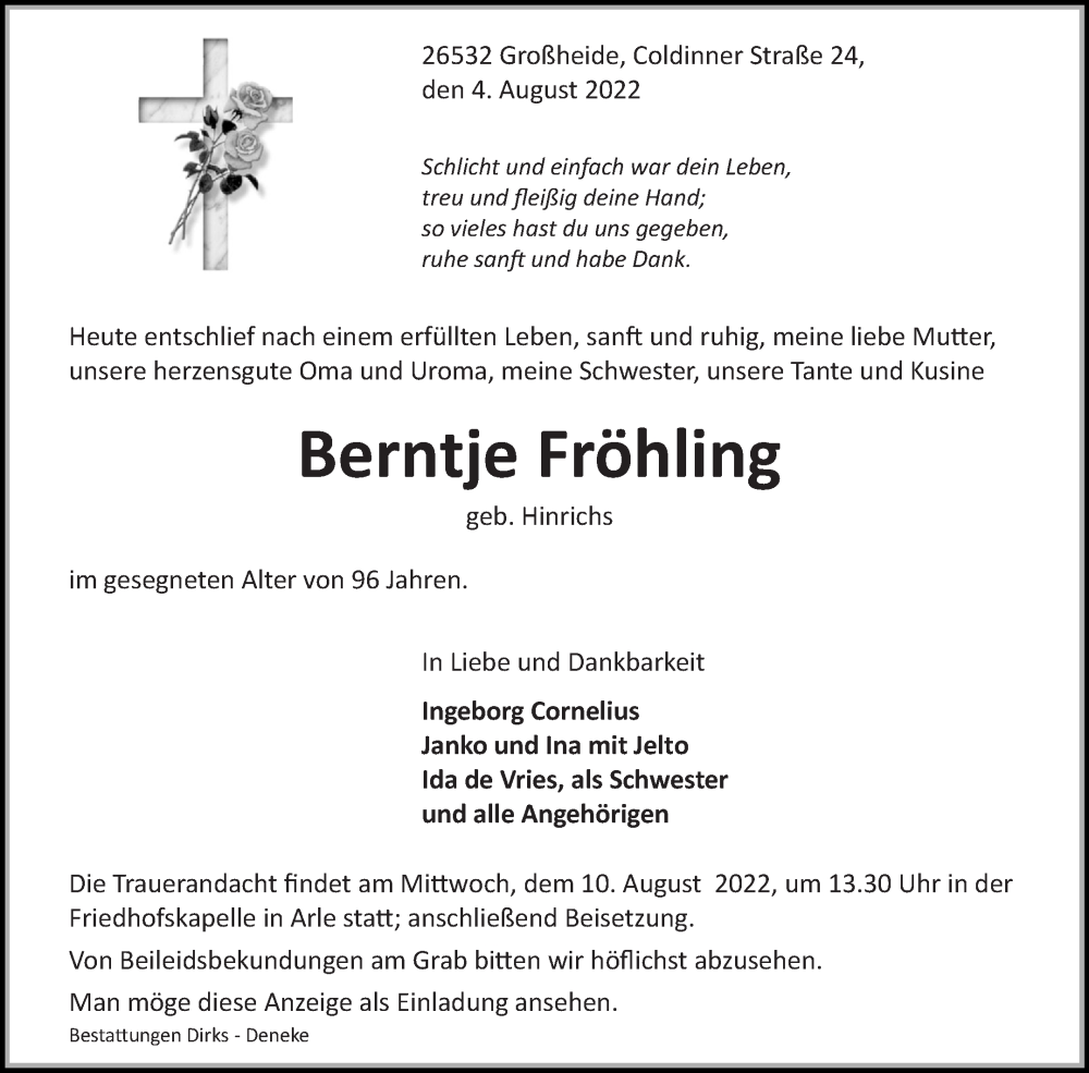  Traueranzeige für Berntje Fröhling vom 06.08.2022 aus 