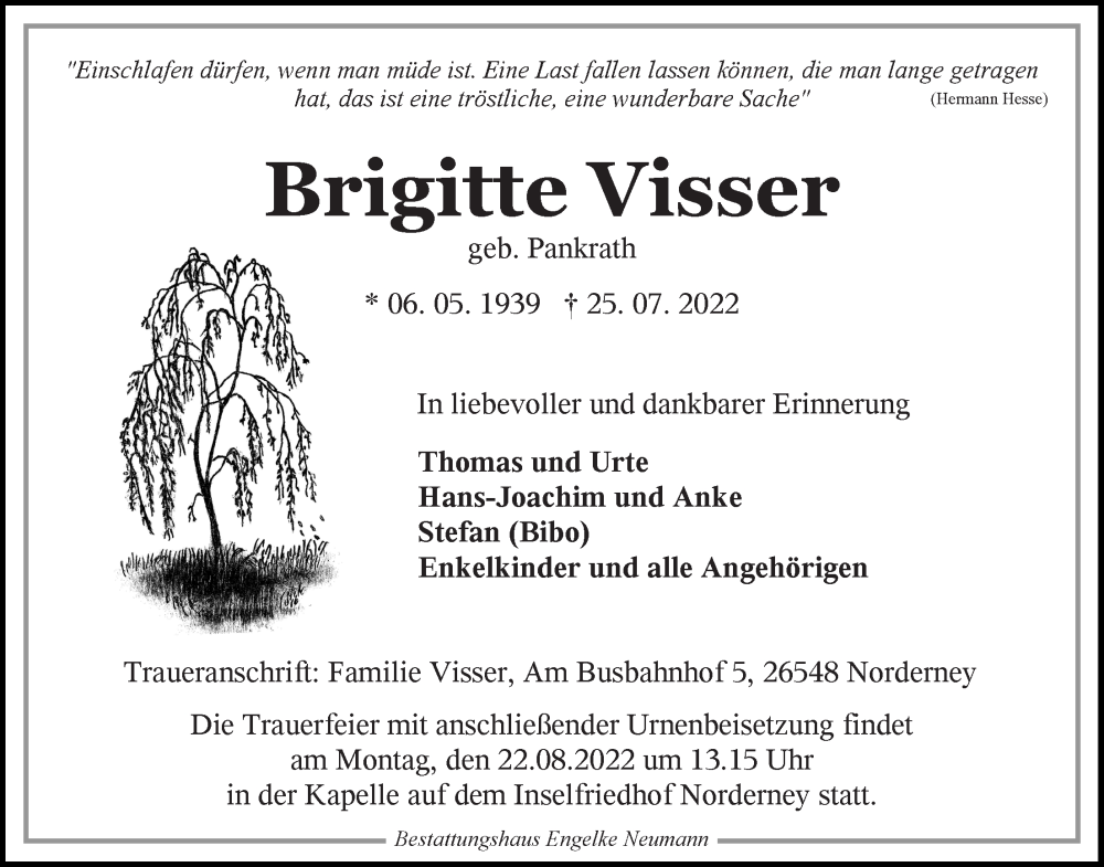 Traueranzeige für Brigitte Visser vom 01.08.2022 aus 