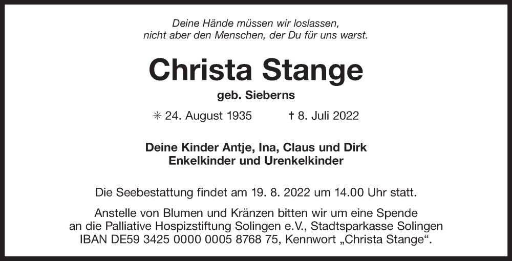  Traueranzeige für Christa Stange vom 06.08.2022 aus 