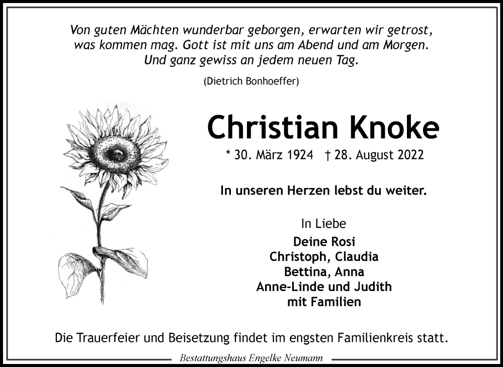  Traueranzeige für Christian Knoke vom 30.08.2022 aus 