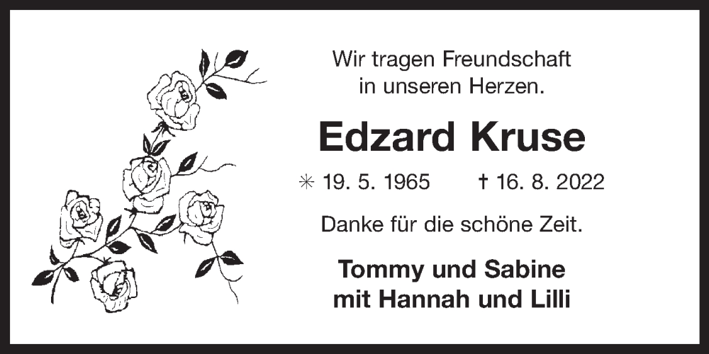  Traueranzeige für Edzard Kruse vom 20.08.2022 aus 
