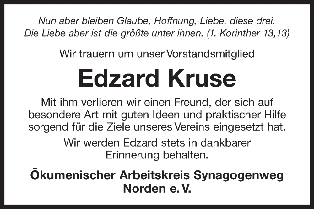  Traueranzeige für Edzard Kruse vom 20.08.2022 aus 