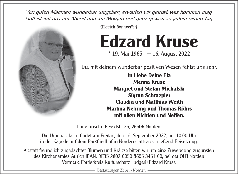  Traueranzeige für Edzard Kruse vom 20.08.2022 aus 