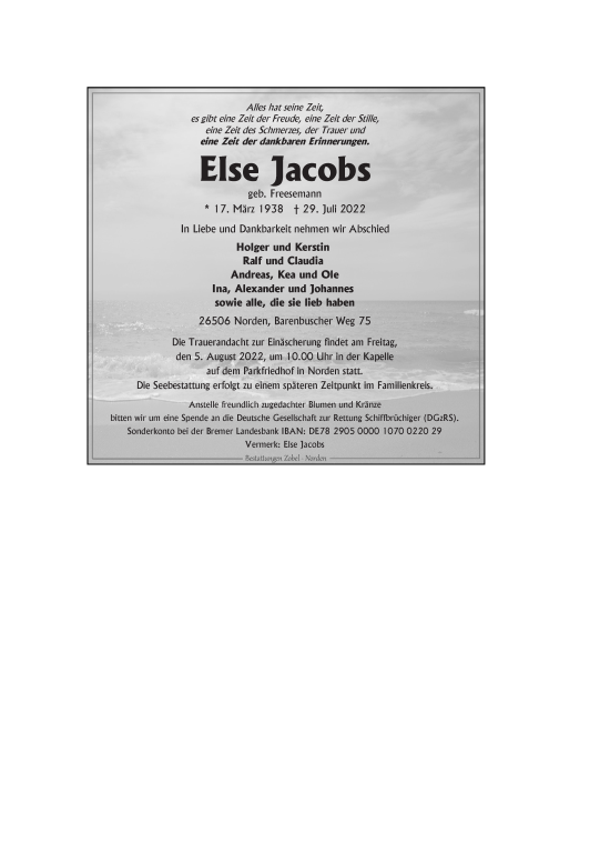 Traueranzeige von Else Jacobs 