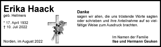 Traueranzeige von Erika Haack 
