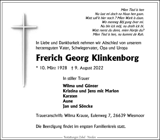 Traueranzeige von Frerich Georg Klinkenborg 