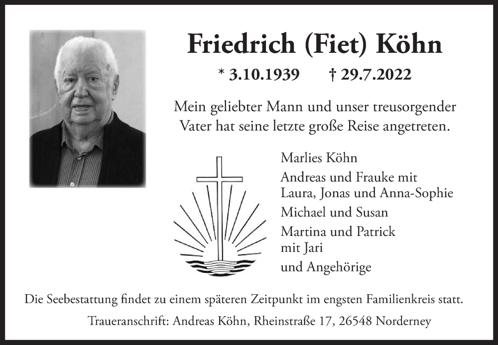  Traueranzeige für Friedrich Köhn vom 04.08.2022 aus 
