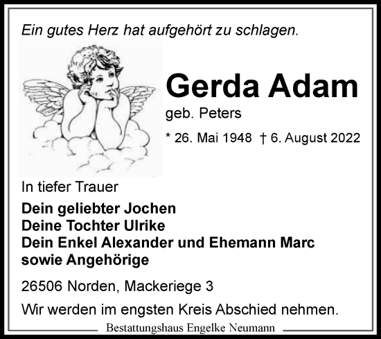 Traueranzeige von Gerda Adam 