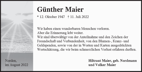 Traueranzeige von Günther Maier 