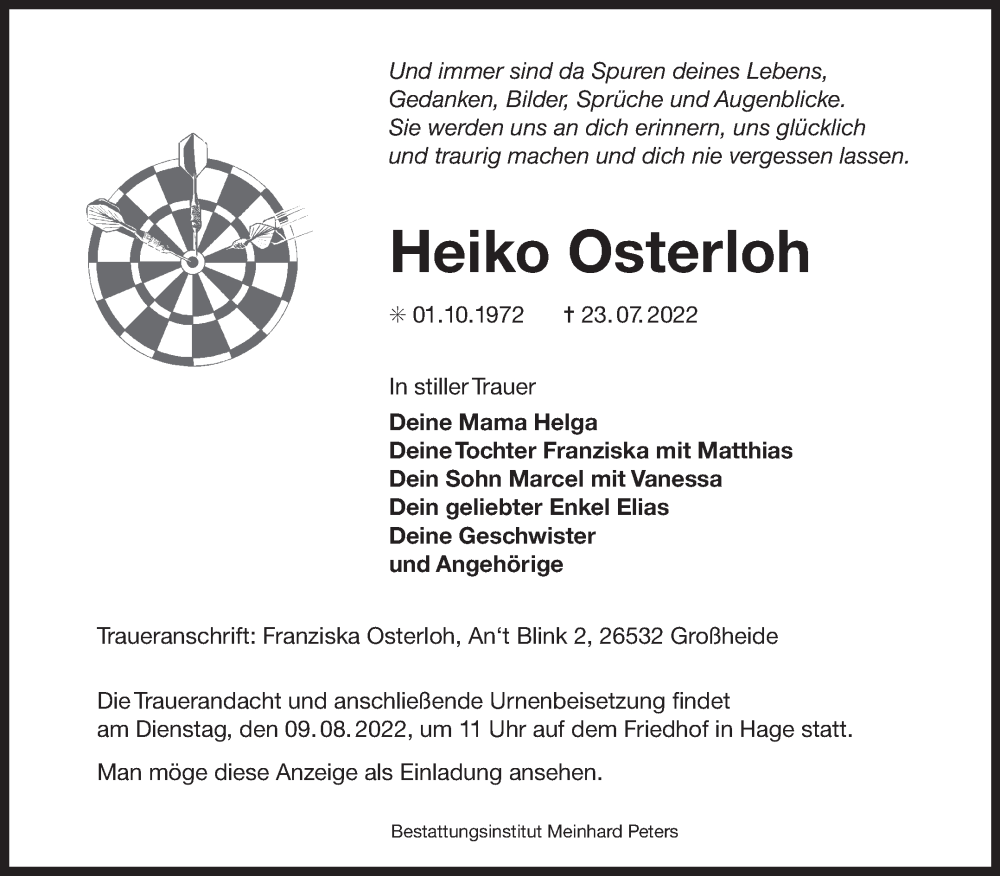  Traueranzeige für Heiko Osterloh vom 06.08.2022 aus 