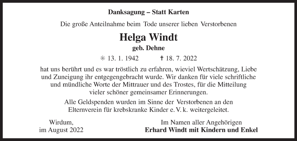  Traueranzeige für Helga Windt vom 27.08.2022 aus 