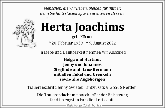 Traueranzeige von Herta Joachims 
