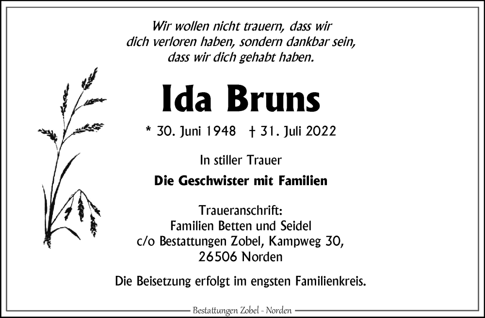  Traueranzeige für Ida Bruns vom 06.08.2022 aus 
