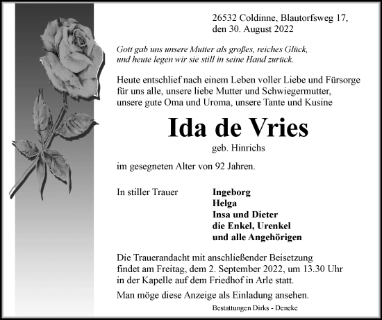 Traueranzeige von Ida de Vries 