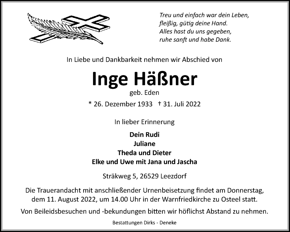  Traueranzeige für Inge Häßner vom 06.08.2022 aus 