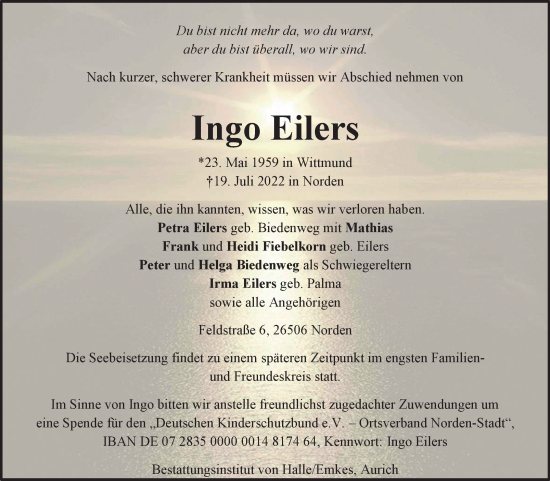 Traueranzeige von Ingo Eilers 