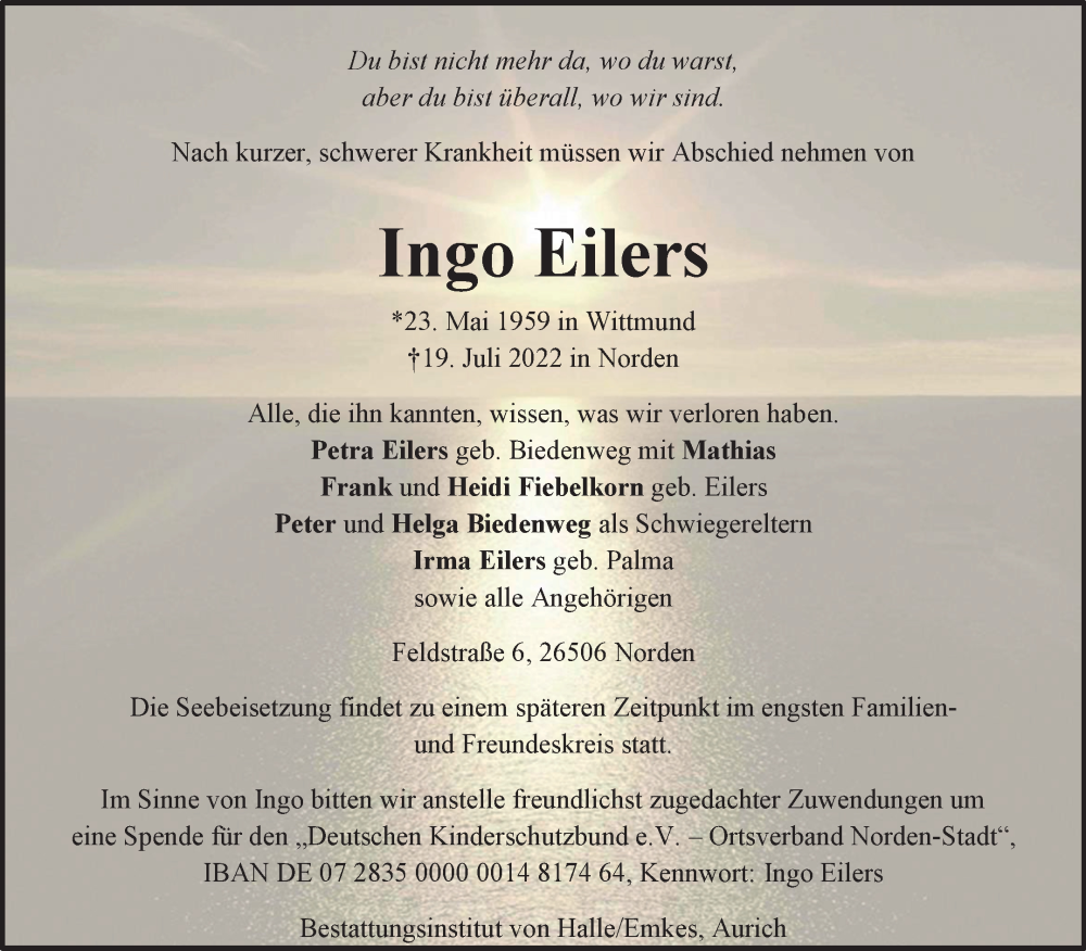  Traueranzeige für Ingo Eilers vom 02.08.2022 aus 