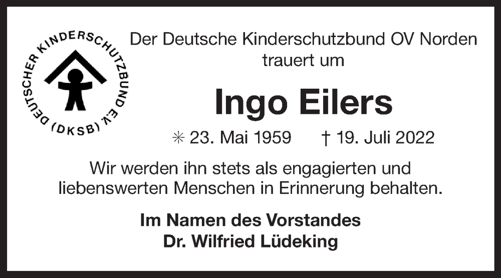  Traueranzeige für Ingo Eilers vom 06.08.2022 aus 