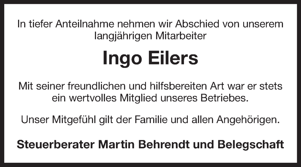  Traueranzeige für Ingo Eilers vom 06.08.2022 aus 