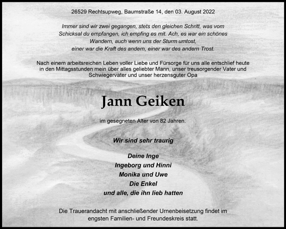  Traueranzeige für Jann Geiken vom 06.08.2022 aus 
