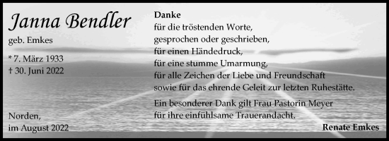 Traueranzeige von Janna Bendler 