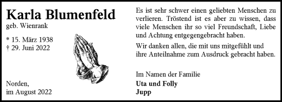 Traueranzeige von Karla Blumenfeld 