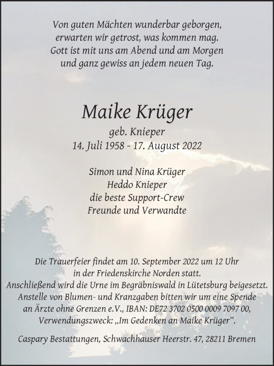 Traueranzeige von Maike Krüger 