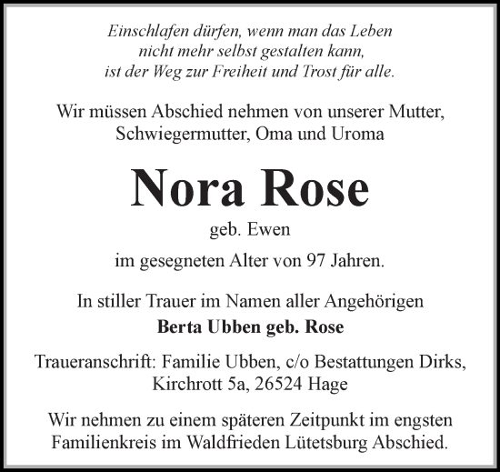 Traueranzeige von Nora Rose 