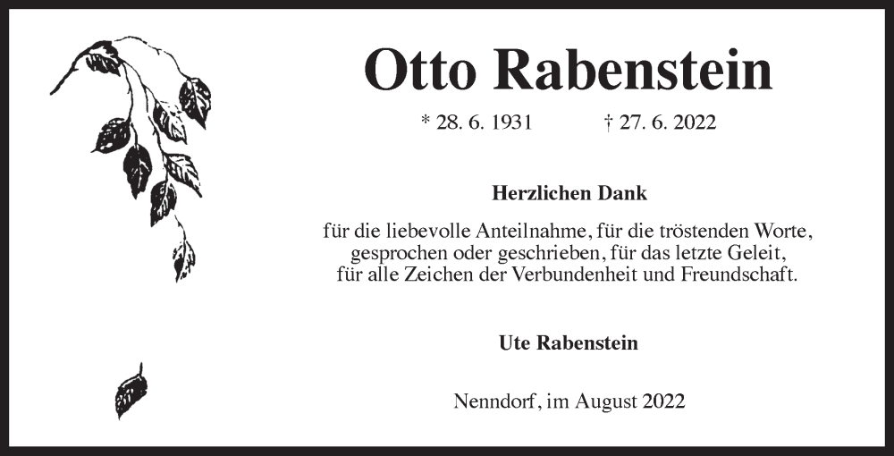  Traueranzeige für Otto Rabenstein vom 06.08.2022 aus 